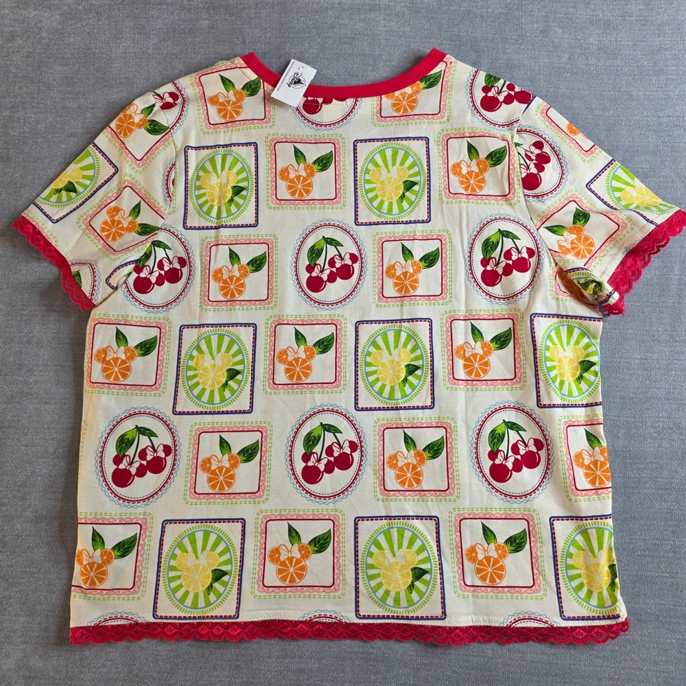 Disney Her Universe Fruit Print Top Women XL Cream NWT Mickey Mouse Lace Trim - Picture 5 of 11
